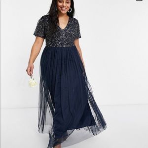 Navy blue and sequin bridesmaid dress